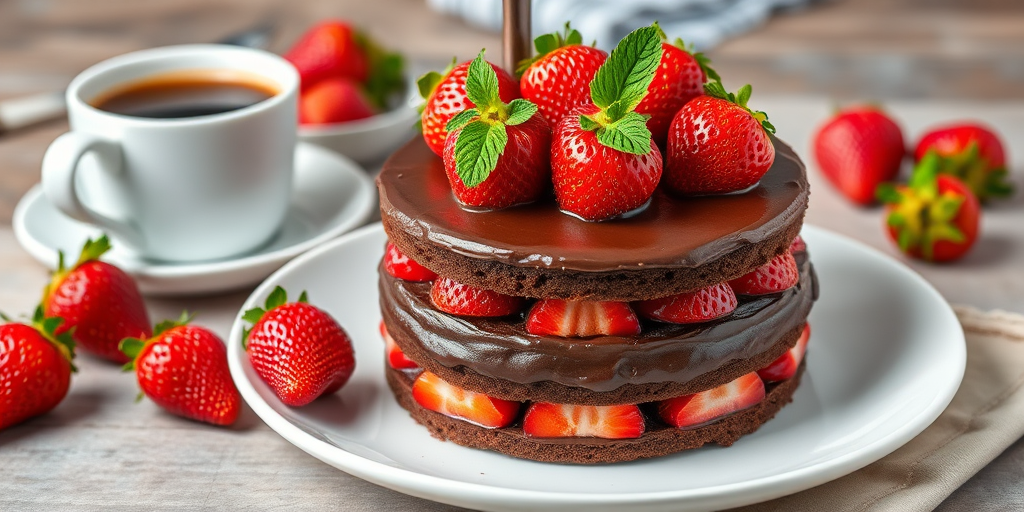 A delicious chocolate cake layered with fresh strawberries on top garnished with mint leaves placed on a white plate with a rustic background featuring a cup of coffee and additional strawberries nearby
