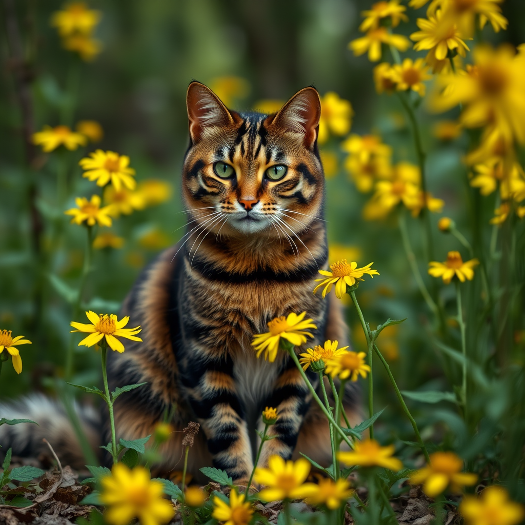A majestic cat with black and yellow stripes resembling a bumblebee, sitting among vibrant yellow flowers in a lush forest setting, shot with a Canon EOS R5, 50mm lens, f/1.8 aperture, ISO 100, natural lighting, shallow depth of field for soft background blur.