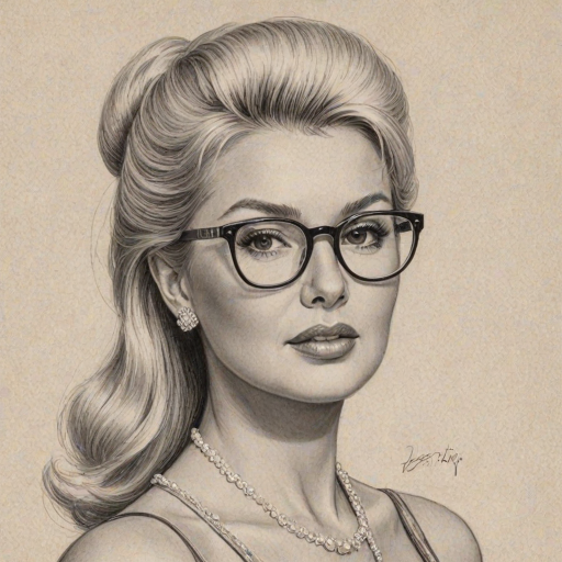 Enchanting Ivana Trump, pencil sketch, portrait of Sublime woman 1953s in glasses, hair style beatnik, outline, clear lines, fine lines, 8k