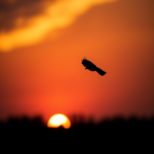 create a high-resolution image of a silhouette of a bird in flight against a sunset background, capturing the details of the wings and body with a camera set to ISO 100, aperture f/8, shutter speed 1/500s, using a DSLR camera with a telephoto lens from a low angle with soft focus on the background.
