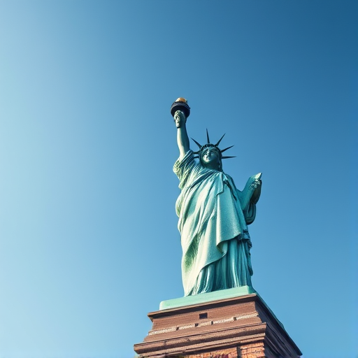 Capture a high-resolution image of the Statue of Liberty from a low angle, using a Canon EOS R5 with a 24-70mm f/2.8 lens, aperture set to f/8, shutter speed at 1/200 sec, ISO 100, in natural daylight with a clear blue sky as the background.