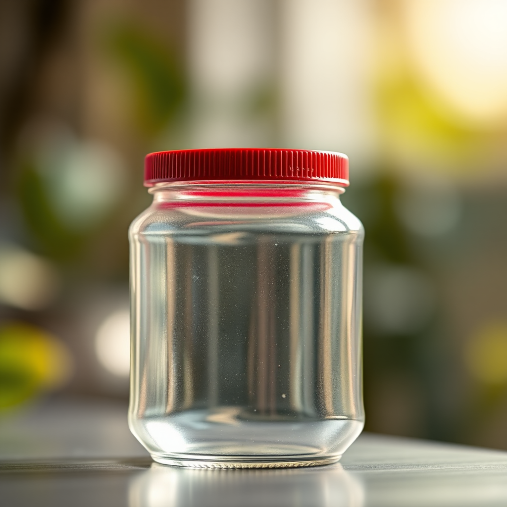 Create a high-quality image of a transparent jar with a red lid, using a Canon EOS R5 camera, 50mm lens, f/2.8 aperture, ISO 100, shot in soft natural lighting, from a slightly elevated angle to enhance depth and detail.