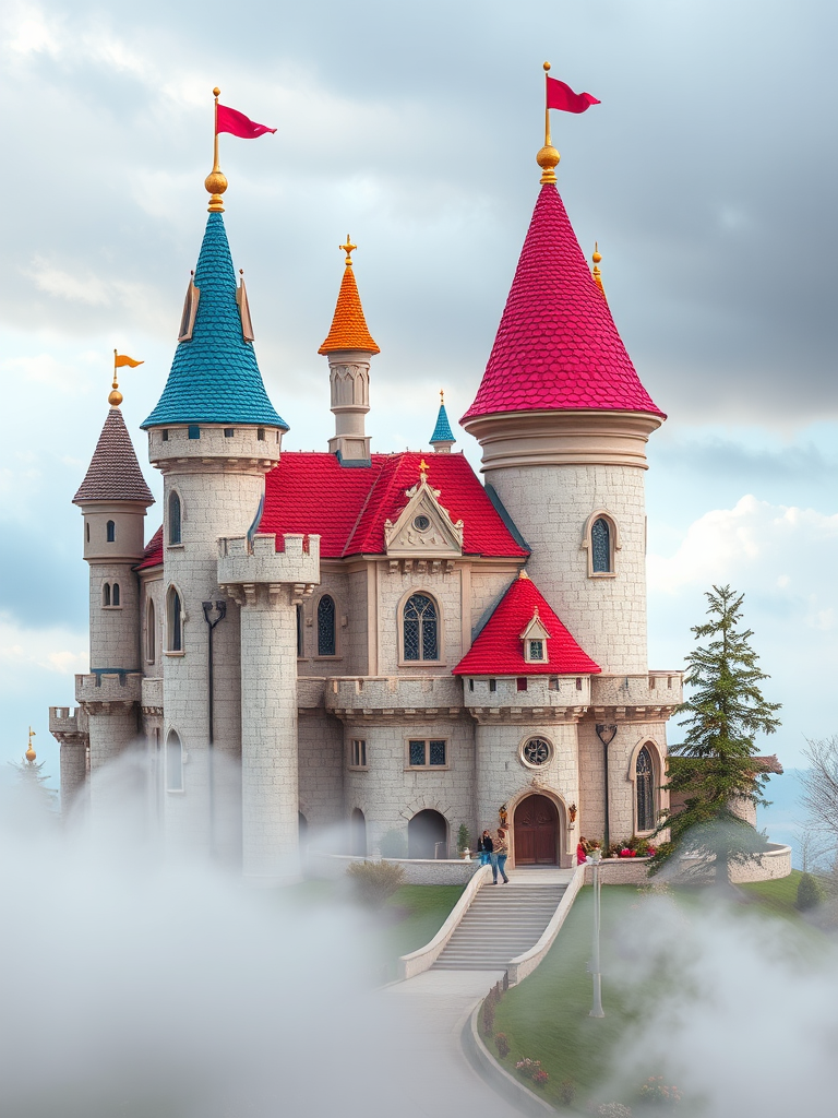 Create an image of a whimsical fairytale castle with turrets and colorful roofs set in a dreamy landscape, shot with a DSLR camera at f/2.8 aperture, ISO 100, 35mm lens, using a soft-focus style to enhance the magical quality and depth.