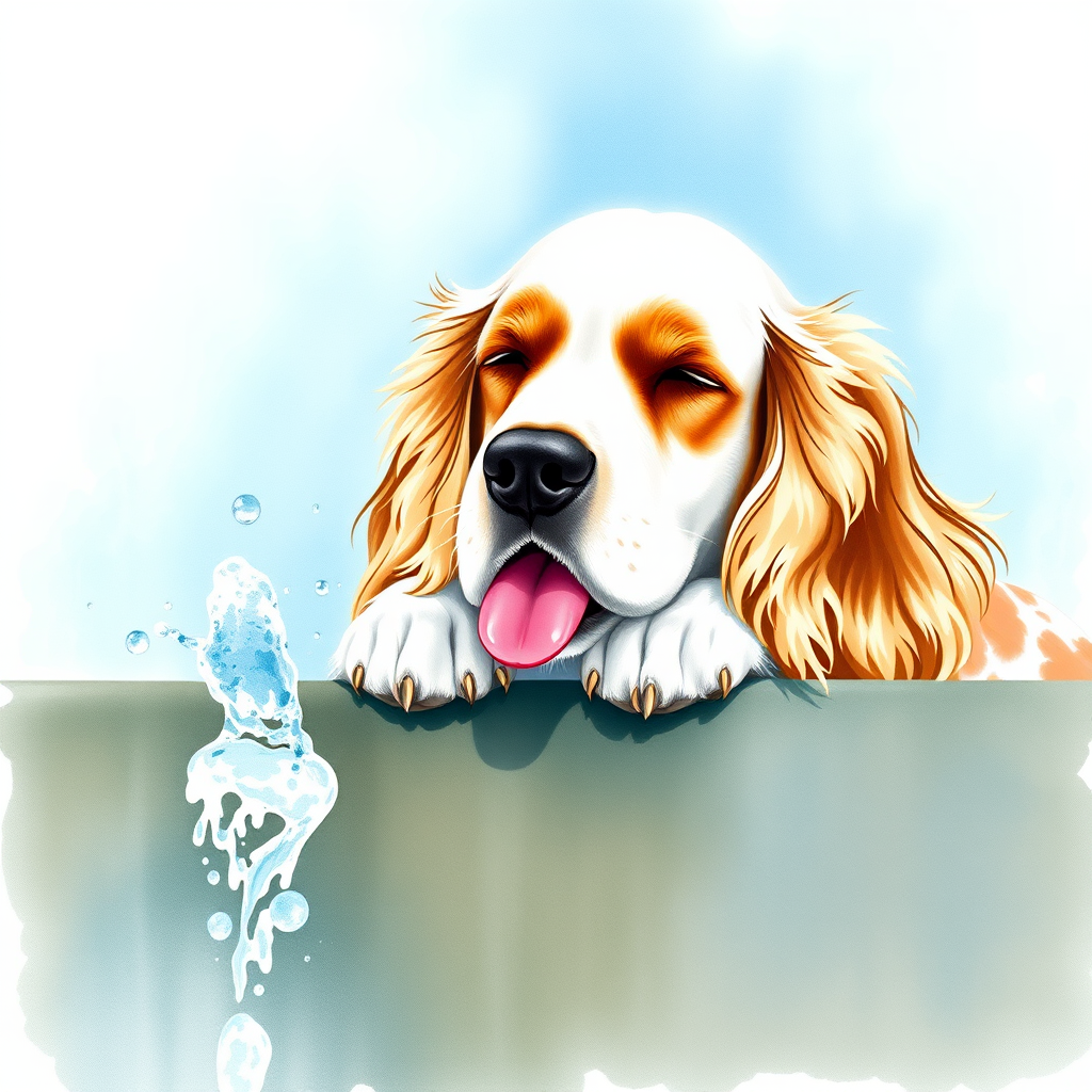 Watercolor ink illustration, A digitally created artwork of a Cocker Spaniel dog leaning on a water fountain, eyes closed, tongue out as if lapping water. The white dog has brown and cream patches, especially on its ears and face. Water splashes around it with detailed droplets. The background features a soft blue-green gradient, suggesting a sunny day. The style is realistic, focusing on the texture of fur and water for a lifelike, vibrant feel.