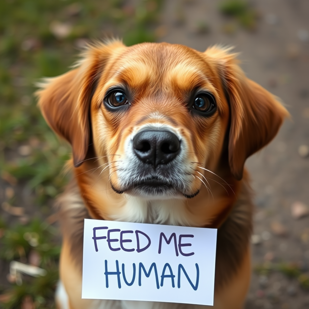 dog holding a note which says "FEED ME HUMAN"