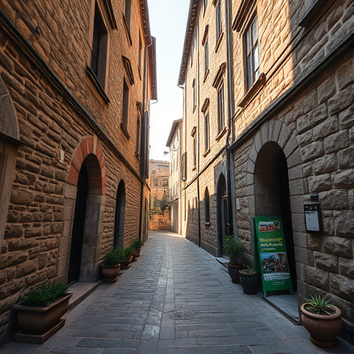 narrow cobblestone street in a historic village with stone buildings and potted plants, captured in mid-morning light, with a Canon EOS R5 camera, 24mm lens, f/8 aperture, ISO 100, 1/200 sec shutter speed, shot from eye level for a realistic perspective