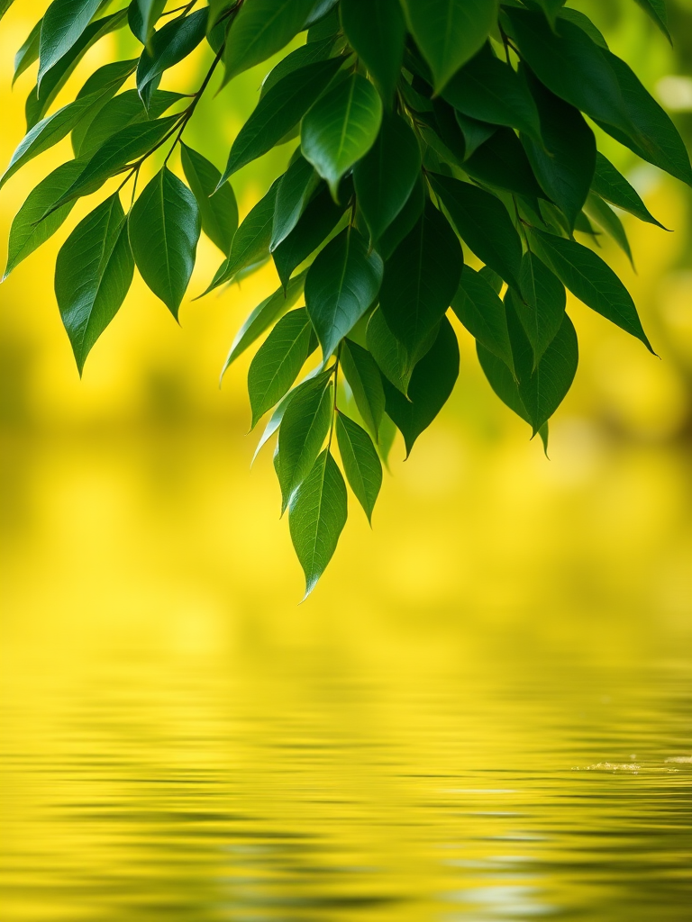 Create a vibrant image of green leaves hanging over a smooth reflective water surface, with a bright yellow-green gradient background and soft bokeh effects, captured with a DSLR camera at f/2.8 aperture, 1/100 sec shutter speed, ISO 100, in landscape orientation with a shallow depth of field.