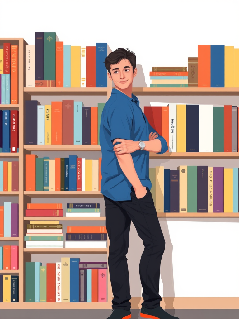 Create a digital illustration of a man in a blue shirt and black pants standing next to a colorful bookshelf filled with books, using a camera type of DSLR, camera style of flat lay, camera settings of f/4, ISO 200, shutter speed 1/100s, and an aperture of 50mm to enhance image quality.