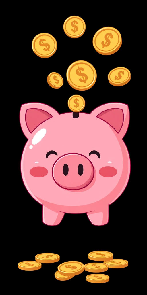 Create a cartoon illustration of a cute pink piggy bank with dollar coins floating above it on a solid black background, using a DSLR camera at f/1.8, ISO 100, 50mm lens, shot from a slightly low angle to enhance perspective, in vibrant colors for added appeal.