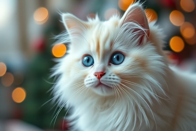 high-quality image of a fluffy white cat with striking blue eyes, soft focus, captured with a Canon EOS R5, 50mm lens, f/1.8 aperture, ISO 100, shallow depth of field, warm holiday background with soft bokeh lights