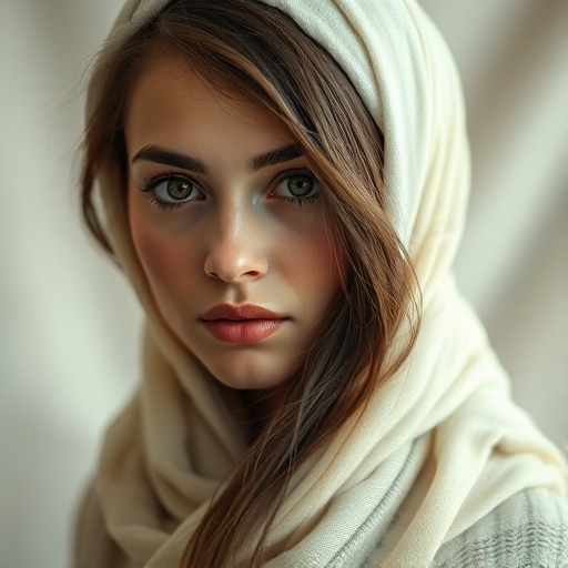 Create a portrait of a young Caucasian woman with long, dark hair and captivating hazel eyes. She is wearing a white headscarf and a matching scarf draped gracefully around her neck. The background is softly blurred, focusing attention on her serene and natural expression. The overall color palette is muted and warm, enhancing the intimate and authentic feel of the portrait.
