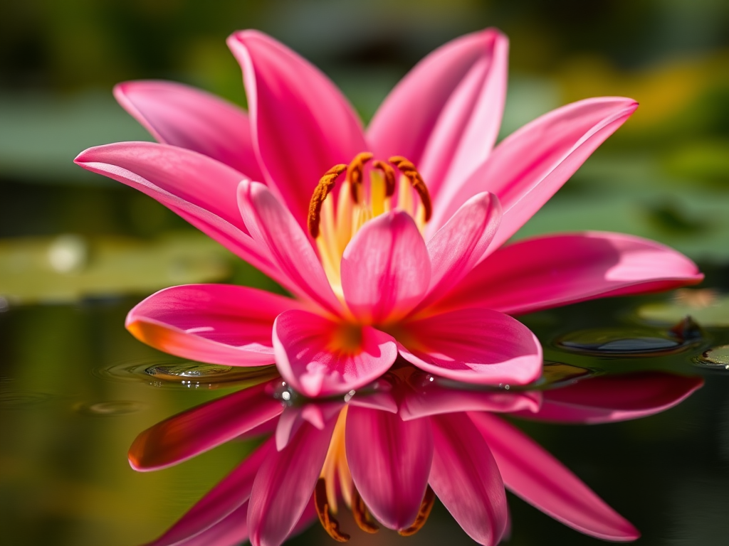 close-up of a pink lily flower with reflection in water, soft focus background, natural lighting, f/2.8 aperture, 50mm lens, ISO 100, DSLR camera, macro view