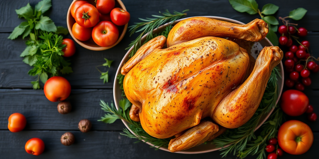 photograph a beautifully roasted chicken on a black wooden table, surrounded by fresh herbs, vibrant fruits, and berries, natural lighting, shallow depth of field, 50mm lens, f/2.8, ISO 100, top-down view