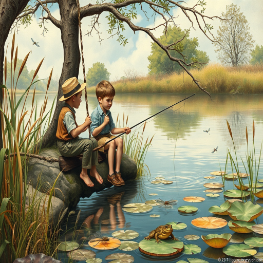 Imagine a small group of old fashioned young boys out fishing by the creek, a swing hanging from a tree branch, reeds and grasses by the water's edge, a frog sitting on a lily pad, dragonflies hovering over som water plans, a very iconic old fashioned scene reminiscent of a Norman Rockwell painting style