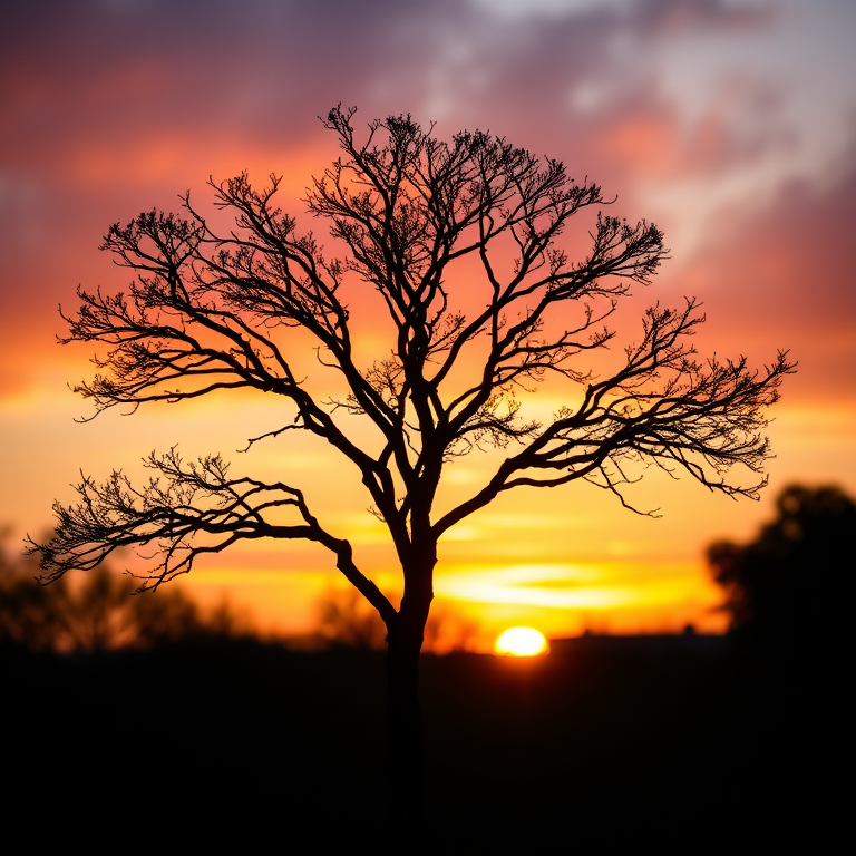 Create an abstract black silhouette of a tree against a bright sunset background, using a DSLR camera with a 50mm lens at f/1.8, ISO 100, and a shutter speed of 1/200s, shot from a low angle to emphasize the tree's height and depth of field with vibrant colors in the sky.