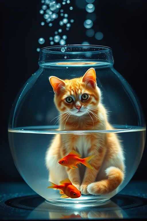 Create a hyper-realistic image of an orange tabby cat sitting inside a fishbowl with a goldfish swimming nearby, set in a dimly lit underwater environment, using a DSLR camera with a 50mm lens, f/1.8 aperture, ISO 100, and a shallow depth of field for enhanced focus on the cat and fish, with soft bokeh in the background.