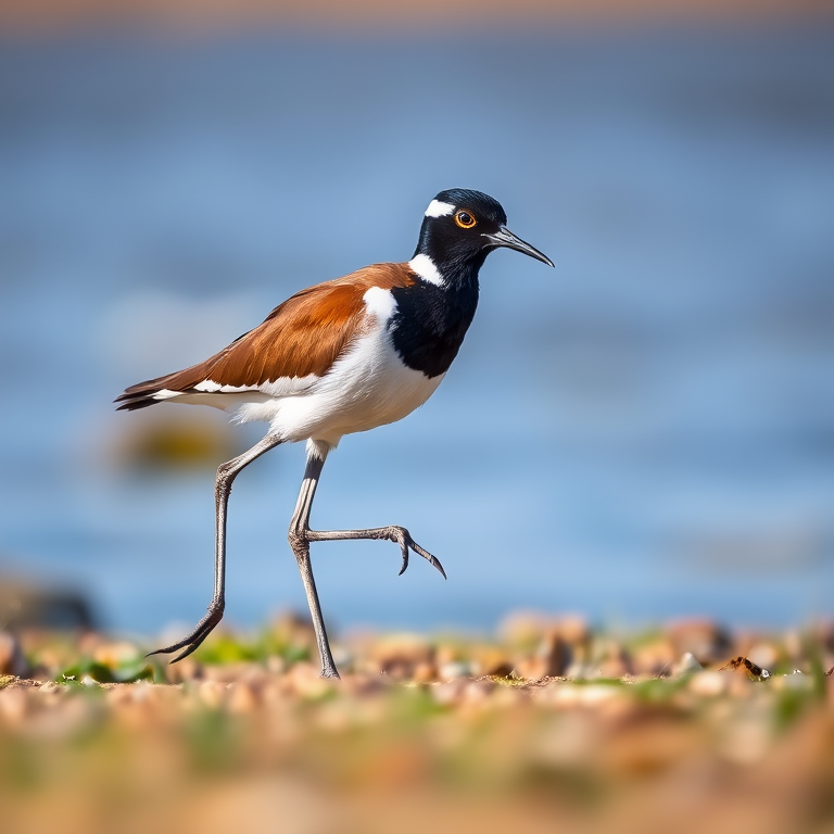 capture a sharp photograph of a Lapwing bird walking on one leg, use a DSLR camera with a 70-200mm lens, aperture f/4, ISO 200, shutter speed 1/1000 sec, natural lighting, shallow depth of field with a blurred background, shoot from a low angle for emphasis on the bird.
