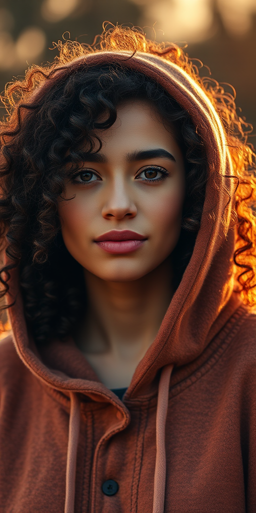 portrait of a woman with curly hair wearing a cozy hoodie, soft golden hour lighting, shallow depth of field, 50mm lens, f/1.8, ISO 200, natural light, DSLR camera, warm color tones