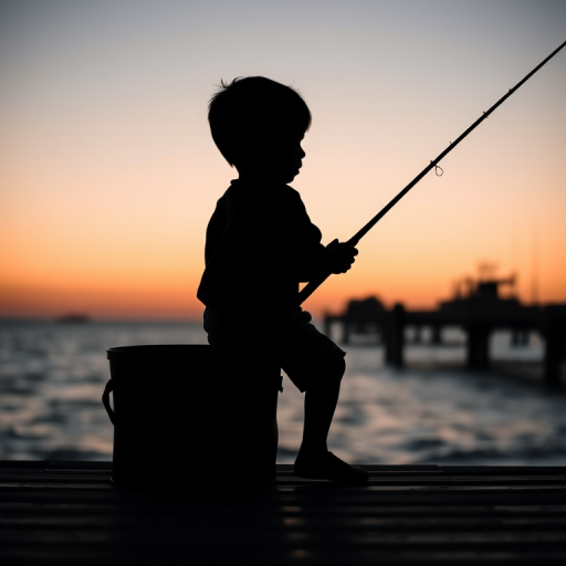 Create a high-contrast silhouette image of a child fishing while sitting on a pier, using a Canon EOS R5 with a 50mm f/1.2 lens, aperture set to f/2.8, ISO 100, shutter speed 1/250 sec, captured from a side profile view to enhance details and clarity.