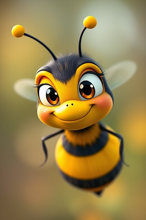 Create a vibrant cartoon bee character with a mischievous expression, in a bright yellow and black color scheme, high-resolution, shot with a Canon EOS 5D Mark IV, 50mm lens, f/2.8 aperture, natural lighting, and a soft focus background.