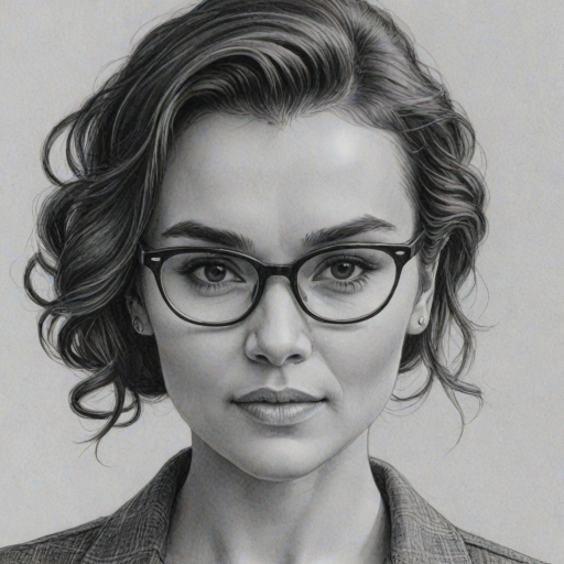 Beauteous Samantha Barks, pencil sketch, portrait of Magnificent woman 1951s in glasses, hair style beatnik, outline, clear lines, fine lines, 8k