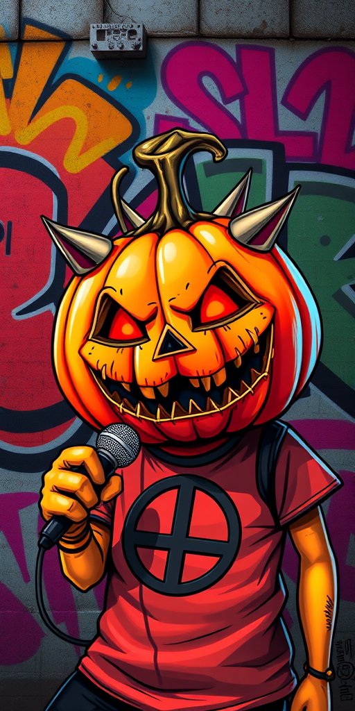 Create a vibrant digital illustration of a punk-themed pumpkin character with spiked features, wearing a peace symbol shirt, holding a microphone, against a colorful graffiti backdrop, captured with a DSLR camera at f/2.8 aperture, 50mm lens, ISO 100, in a studio lighting style to enhance details and color contrast.