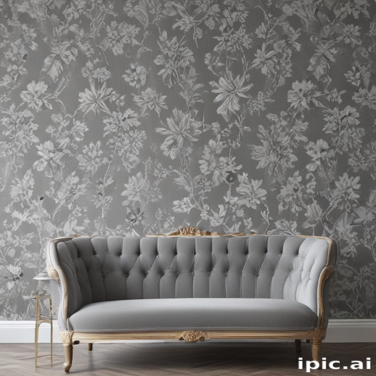 Elegant Gray Floral Wallpaper with a Stylish Vintage Sofa in a Chic Room.