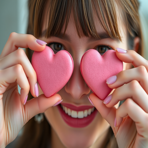 Close-up portrait of a smiling woman holding pink heart-shaped macarons in front of her eyes, soft natural lighting, shallow depth of field, shot with a Canon EOS R5, 50mm lens, at f/1.8, ISO 100, 1/200s.