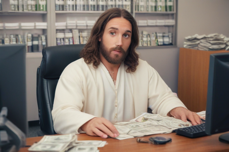Jesus Complaining Computer Jesus in the office full of money with computer