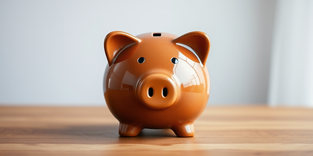 Create a high-resolution image of a brown ceramic piggy bank with a slot on top, captured with a 50mm lens at f/2.8, ISO 100, 1/125s, in a soft natural light setting with a slightly overexposed background for emphasis.