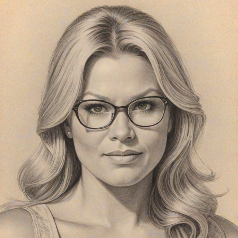 Superb Beth Phoenix, pencil sketch, portrait of Dazzling woman 1973s in glasses, hair style beatnik, outline, clear lines, fine lines, 8k