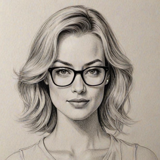 Attractive Yvonne Strahovski, pencil sketch, portrait of Alluring woman 1978s in glasses, hair style beatnik, outline, clear lines, fine lines, 8k