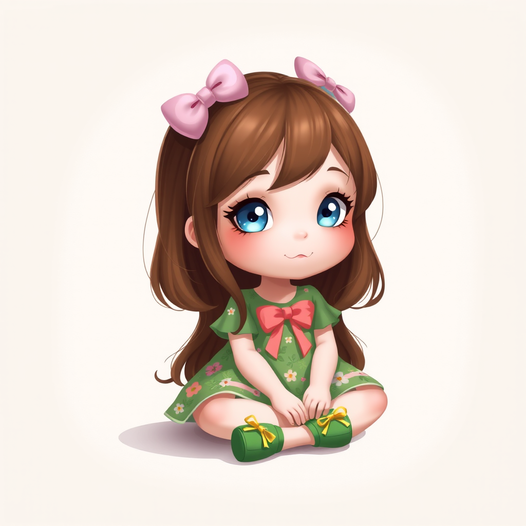 digital illustration of a kid girl with brown hair and blue eyes, sitting on the floor with her legs crossed and her hands resting on her knees. she is wearing a green floral dress with a pink bow on the front and a pair of green shoes with gold ribbon. She has a pink bows on her head. The background is a light beige color with a subtle texture. whimsical and dreamy.The color scheme is soft and muted pastel.
