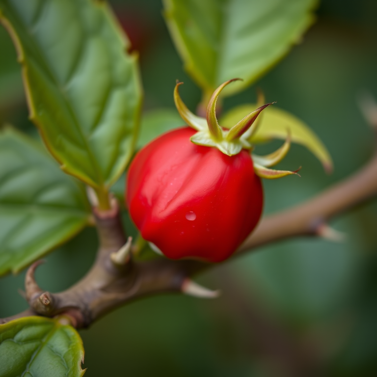 Close-up of a bright red rose hip on a thorny branch surrounded by green leaves, shallow depth of field, 50mm lens, f/2.8 aperture, ISO 200, natural light, macro photography.
