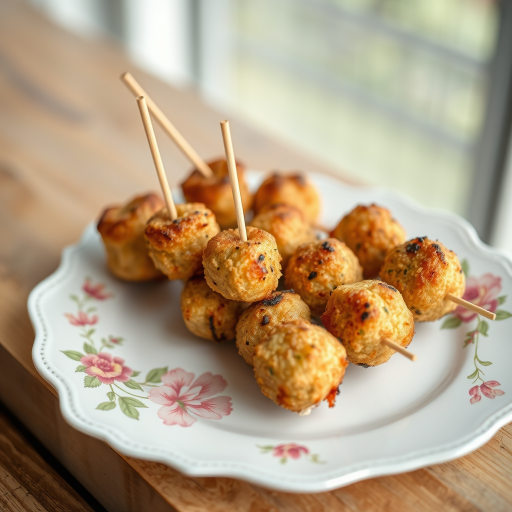 capture a high-quality image of skewered breaded appetizers on a decorative white plate with a floral design, using a DSLR camera, 50mm lens, f/2.8 aperture, ISO 100, and soft natural lighting for enhanced detail and texture