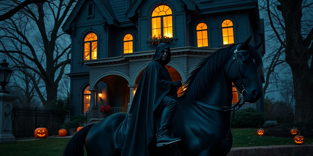 hauntingly beautiful scene of a robed figure on a black horse in front of a spooky, Victorian-style haunted house with glowing windows and carved pumpkins, shot with a Canon EOS R5, 50mm lens, f/1.8 aperture, ISO 100, night mode, long exposure to capture vibrant colors and details in low light.