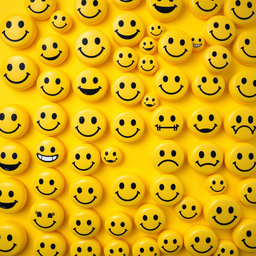 Create an image of a vibrant yellow background filled with various smiley faces, including happy, neutral, and sad expressions in different sizes; use a Canon EOS R5, aperture f/8, shutter speed 1/200s, ISO 200, 24mm lens, top-down view, high resolution for clarity and detail.