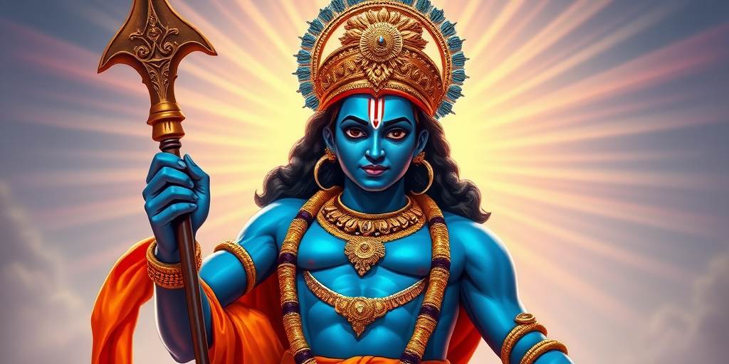 Create a vibrant and detailed depiction of Lord Rama, showcasing his blue skin, adorned with traditional jewelry and an orange dhoti, standing with a bow in hand against a radiant background, using a Canon EOS 5D Mark IV with a 50mm f/1.8 lens, aperture set to f/8, ISO 100, and a 1/160 sec shutter speed for optimal clarity and color contrast.
