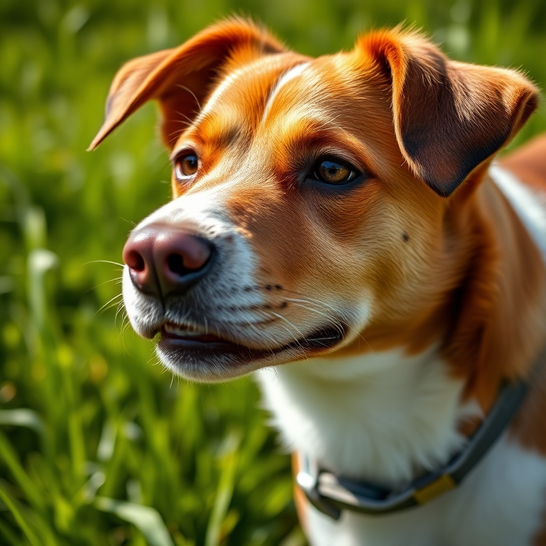 A close-up portrait of a brown and white dog with lush green grass in the background, natural lighting, shallow depth of field, ISO 100, aperture f/2.8, 85mm lens, DSLR camera.