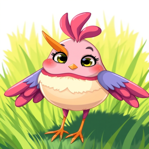 Create a vibrant illustration of a whimsical, cartoonish bird with exaggerated features, set against a bright green grassy background, using a high-resolution digital art style, with a 50mm lens, f/1.8 aperture, and a shallow depth of field for a dreamy effect.