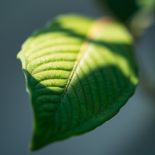 Close-up of a green leaf with a textured surface, soft natural lighting, shallow depth of field, ISO 100, f/2.8, 50mm lens, DSLR camera, 1/200s shutter speed, neutral background for contrast.