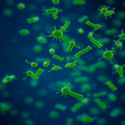Regenerate an image of vibrant green bacteria floating in a dark blue microbiological background, captured with a macro lens at f/8 aperture, ISO 200, 1/200s shutter speed, using a digital SLR camera with a shallow depth of field for enhanced detail and clarity.
