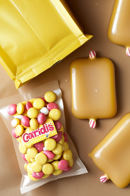candy coated caramels in a yellow package