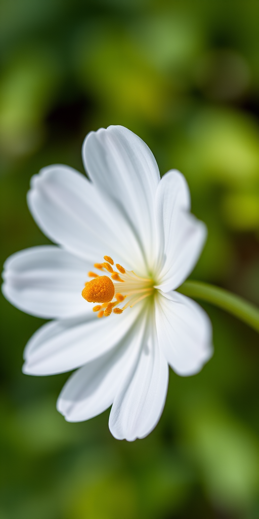 macro shot of a white flower with yellow center on a blurred green background, aperture f/2.8, shutter speed 1/200s, ISO 100, taken with a DSLR camera from a top-down view, natural light, shallow depth of field