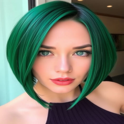 Richly pigmented emerald green tresses styled in a sleek, chin-length bob dubbed "Enchanted Forest," showcase a razor-sharp precision cut with blunt ends, featuring a glossy finish that reflects light beautifully, creating an eye-catching and sophisticated appearance