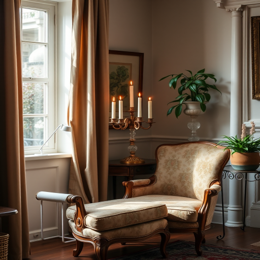 A cozy room interior featuring a vintage upholstered armchair, an elegant candelabrum with lit candles, and an ornate plant stand, natural soft lighting, shot with a DSLR camera, aperture f/2.8, ISO 100, shutter speed 1/60s, wide-angle lens at 24mm, high resolution.