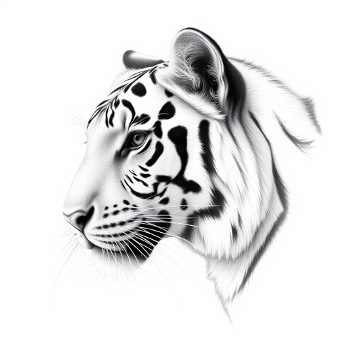 Create a highly detailed black and white pencil sketch of a white tiger's head, using a 50mm lens, f/2.8 aperture, ISO 200, capturing a side profile view with soft lighting to enhance texture and depth, simulating an art piece.