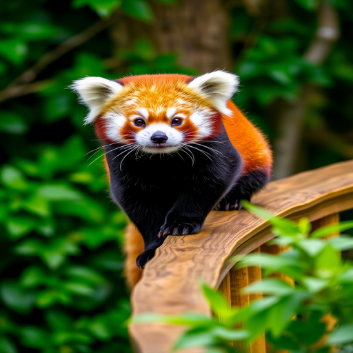A close-up shot of a red panda perched on a wooden rail, showcasing its vibrant reddish-brown and black fur, surrounded by lush green foliage, taken with a DSLR camera at f/4.0, ISO 200, with a 50mm lens for a shallow depth of field.