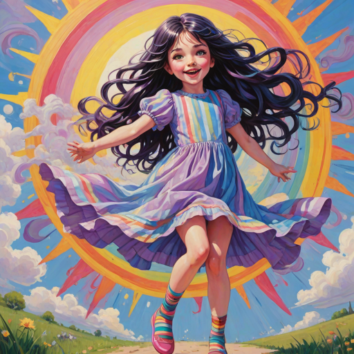 A depiction, in colorful paints, of a little girl, back to the viewer, short stripy socks, lilac and blue dress, arms outstretched, long black wavy hair being blown by the breeze, bight summer's day, up in the blue sky a giant colorful sun face, with pretty eyes, pink lips, colorful swirls, and rainbow colored flames shooting off in all directions