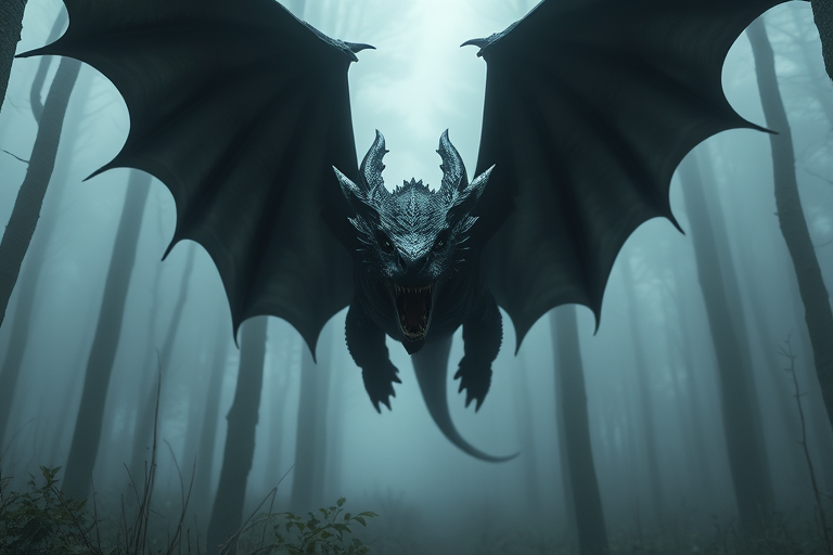 A menacing black dragon with large bat-like wings flying towards the viewer through a foggy forest, ultra-realistic details, 85mm lens, f/2.8 aperture, ISO 200, low angle shot using a DSLR camera.